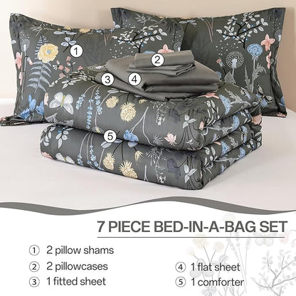 Yiran 7 Piece Grey Floral Comforter Set Queen Size, Botanical Flowers Bed in a Bag Queen, Soft Microfiber Complete Bedding Set with Sheets for All Season