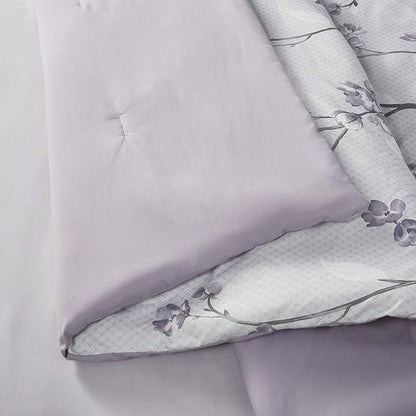 Comfort Spaces Bed in A Bag - Trendy Casual Design Cozy Comforter with Complete Sheet Set with Side Pocket, All Season Cover, Matching Shams Full(80"x90"), Kate, Grey/Purple 9 Piece, Cottage