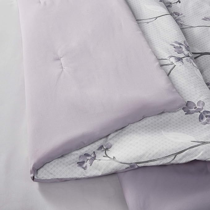 Comfort Spaces Bed in A Bag - Trendy Casual Design Cozy Comforter with Complete Sheet Set with Side Pocket, All Season Cover, Matching Shams King(104"x90"), Kate, Grey/Purple 9 Piece