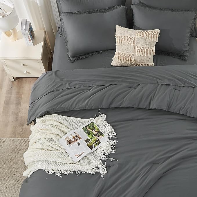 Andency Dark Grey King Size Comforter Set with Sheets - 7 Pieces Boho Tassel Bed in a Bag Soft Lightweight Bedding Sets, Dark Grey Fringe Bed Set with Comforter, Sheets, Pillowcases & Shams