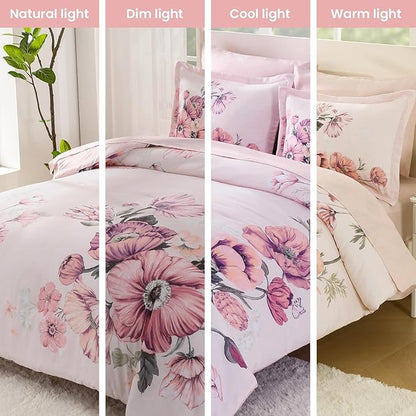 Queen Comforter Set - 7 Pieces Bed in a Bag Pink Floral Queen Comforter Set with Sheets, Soft Microfiber Flower Complete Bedding Set for All Seasons（Pink,90"x90"）