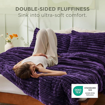 Bedsure California King Comforter - GentleSoft™ 3 Pieces Double-Side Fleece Comforter Set, Cozy Striped Room Decor Aesthetic, Luxury Purple Cal King Bedding with 2 Pillowcases, 104x96 Inches