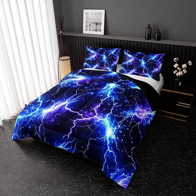 Blue Lightning Comforter Set Full Size Bed in A Bag,Lightning Bedding Set for Teen Adult Blue Room Decor Ultra-Soft Lightweight Microfiber with 2 Pillowcases