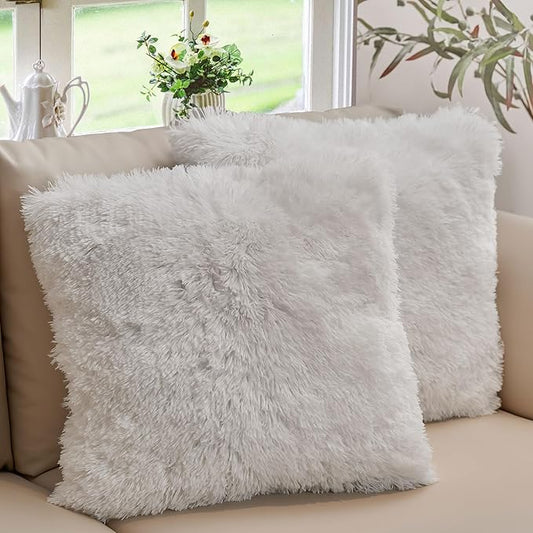Cheer Collection Throw Pillows for Couch and Bed, Soft Shaggy Throw Pillows with Inserts Included, Cozy Long Hair Faux Fur Pillows - Set of 2-20" x 20" - White