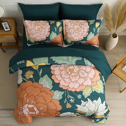 DJY 7 Pieces Green Floral Comforter Set Bed in a Bag Queen, Boho Botanical Comforters Sets with Sheets Set, Soft Microfiber Farmhouse Bedding Set for All Season(90''x90'')