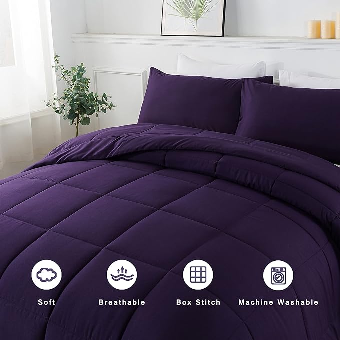 DOWNCOOL Queen Comforter Set -All Season Bedding Comforters Sets with 2 Pillow Cases-3 Pieces Bedding Sets Queen -Down Alternative Purple Queen Size Comforter Sets(88"x92")