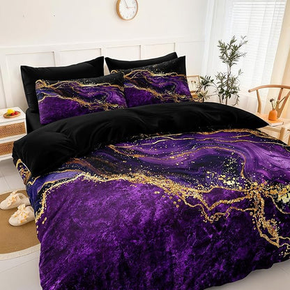 Black Gold Comforter Set 8 Pcs Purple Marble Bedding Set Full Size Bed in A Bag Stone Texture Abstract Room Decor