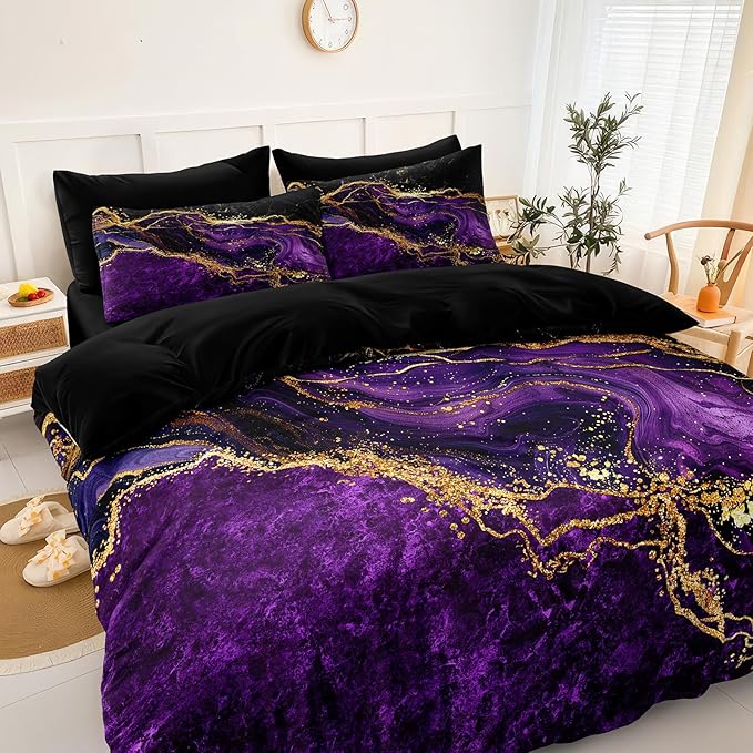 Black Gold Comforter Set - 6 Pcs Purple Marble Bedding Set Twin Size Bed in A Bag - Stone Texture Abstract Room Decor - Purple and Black