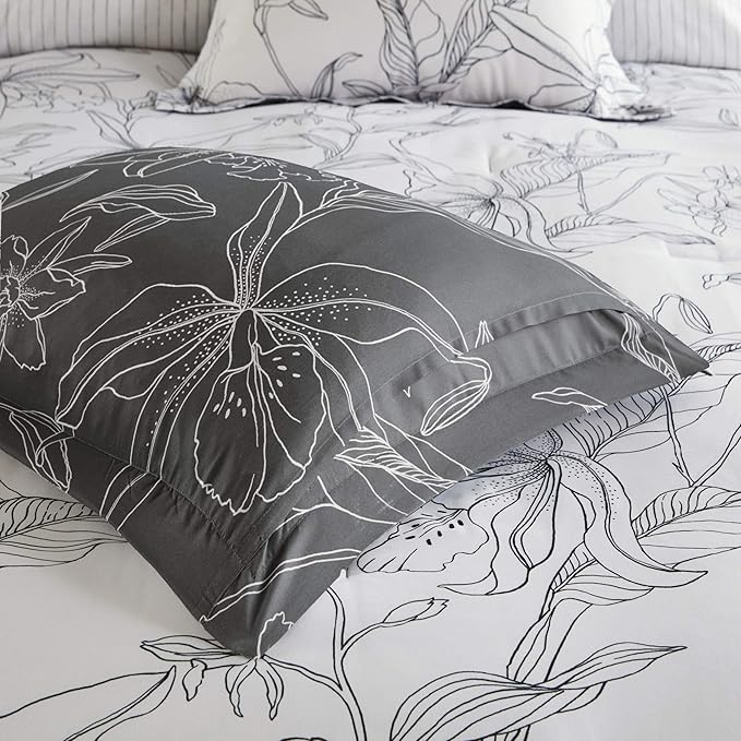 Madison Park Essentials Cozy Bed In A Bag Comforter with Complete Cotton Sheet Set - Trendy Floral Design All Season Cover, Decorative Pillow, Full(78"x86"), White/Charcoal 9 Piece