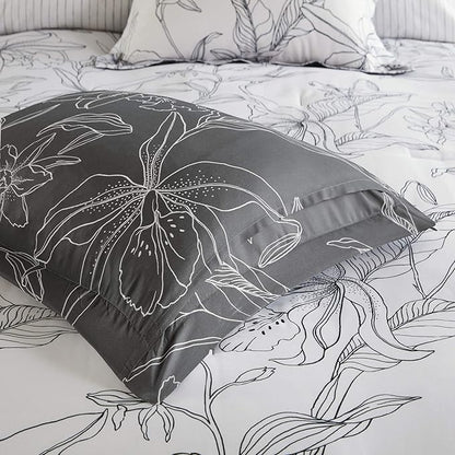 Madison Park Essentials Cozy Bed In A Bag Comforter with Complete Cotton Sheet Set - Trendy Floral Design All Season Cover, Decorative Pillow, Full(78"x86"), White/Charcoal 9 Piece