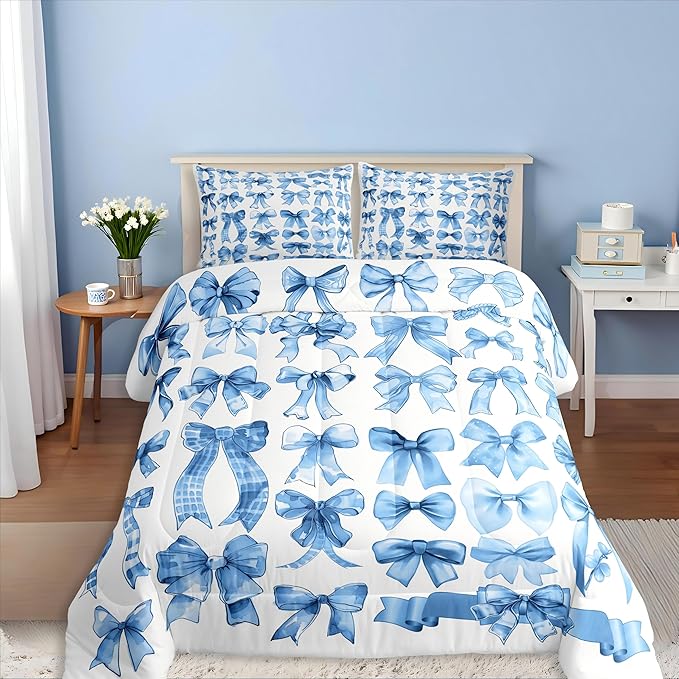 Castle Fairy Cute Bow Comforter Set Queen Size,Blue Bow Bedding Set 3Pcs for Kids Teens Adults Room Decor,Bows Grid Duvet Insert Fashion Preppy Quilted Duvet Sets,2 Pillowcases