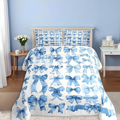 Castle Fairy Cute Bow Comforter Set Queen Size,Blue Bow Bedding Set 3Pcs for Kids Teens Adults Room Decor,Bows Grid Duvet Insert Fashion Preppy Quilted Duvet Sets,2 Pillowcases