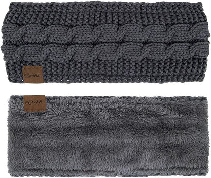 Loritta 2 Pack Headbands for Women Winter Warm Cable Knit Ear Warmer Thick Head Wrap Fuzzy Fleece Lined Gifts