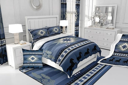 Feelyou Blue Rustic Western Comforter Set Southwestern Aztec Bedding Set Queen Size for Kids Boys Girls Teens Room Decor Boho Geometric Western Horse Comforter Soft Microfiber