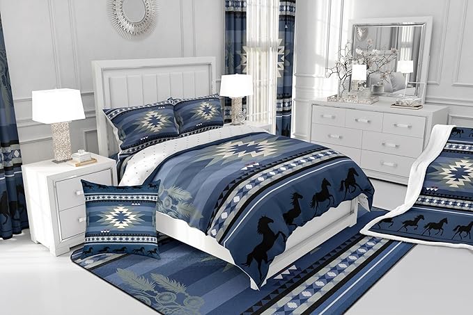 Feelyou Blue Rustic Western Comforter Set Southwestern Aztec Bedding Set Full Size for Kids Boys Girls Teens Room Decor Boho Geometric Western Horse Comforter Soft Microfiber