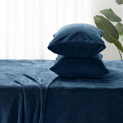BEDELITE Flannel Sheets Queen Size Navy - Super Soft Fleece Sheets Set Fluffy Extra Plush, 4 Piece(Include Fitted Sheet, Flat Sheet, 2 Pillowcases)
