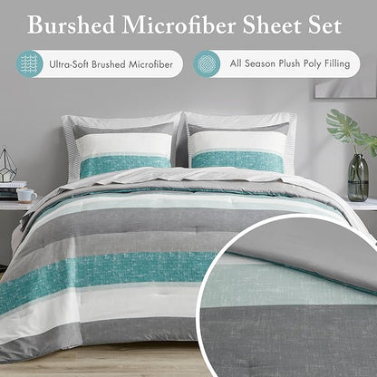 Madison Park Essentials King Comforter Set, Bed in A Bag Comforter & Sheet Set, Modern Casual Stripes Print, All Seasons, Soft Microfiber Bedding Makeover, Matching Shams, King Aqua/Grey 7 Piece