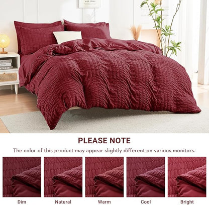 HYMOKEGE Burgundy Full Size Comforter Sets Seersucker 7 Pieces, All Season Luxury Bed in a Bag for Bedroom, Bedding Set with Comforters, Sheets, Pillowcases & Shams