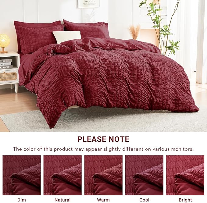 HYMOKEGE Burgundy California King Comforter Set Seersucker 7 Pieces, All Season Luxury Bed in a Bag for Bedroom, Bedding Set with Comforters, Sheets, Pillowcases & Shams