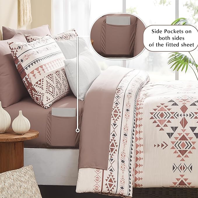 Geniospin King Size Comforter Set- 7 Pieces Boho Bed in a Bag, Western Bedding Set for All Seasons, Reversible Aztec Bedding, Lightweight Comforter Bed Set with Sheets, Pillowcases & Shams