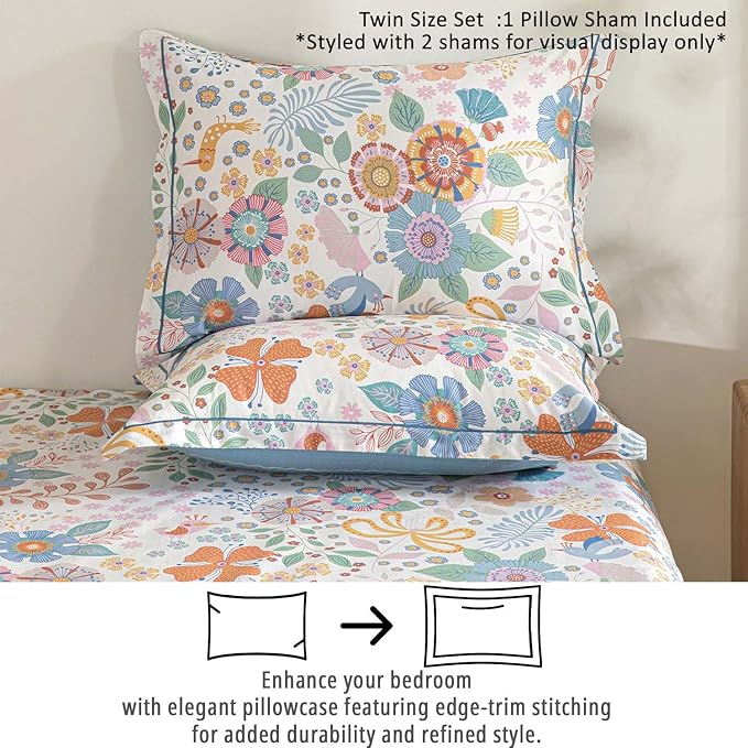Blue Floral Cotton Comforter Twin Size - Vibrant Artistic Blooms & Boho Geometric Patterns, White & Soft Blue, 2PC Lightweight Bedding Sets with Down Alternative Fill(68"×90")