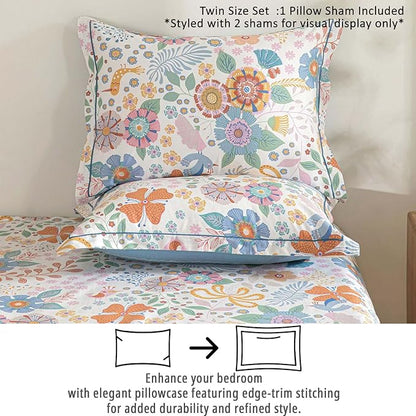 Blue Floral Cotton Comforter Twin Size - Vibrant Artistic Blooms & Boho Geometric Patterns, White & Soft Blue, 2PC Lightweight Bedding Sets with Down Alternative Fill(68"×90")