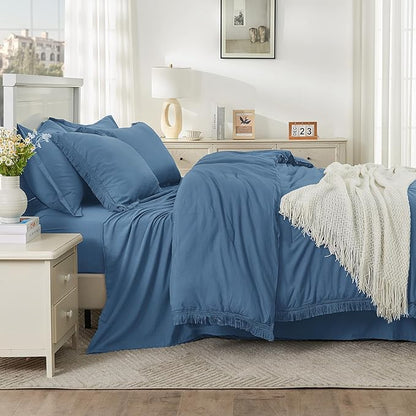 Andency Queen Comforter Set with Sheets Sea Blue - 7 Pieces Boho Tassel Bed in a Bag Soft Lightweight Bedding Sets, Fringe Bed Set with Comforter, Sheets, Pillowcases & Shams