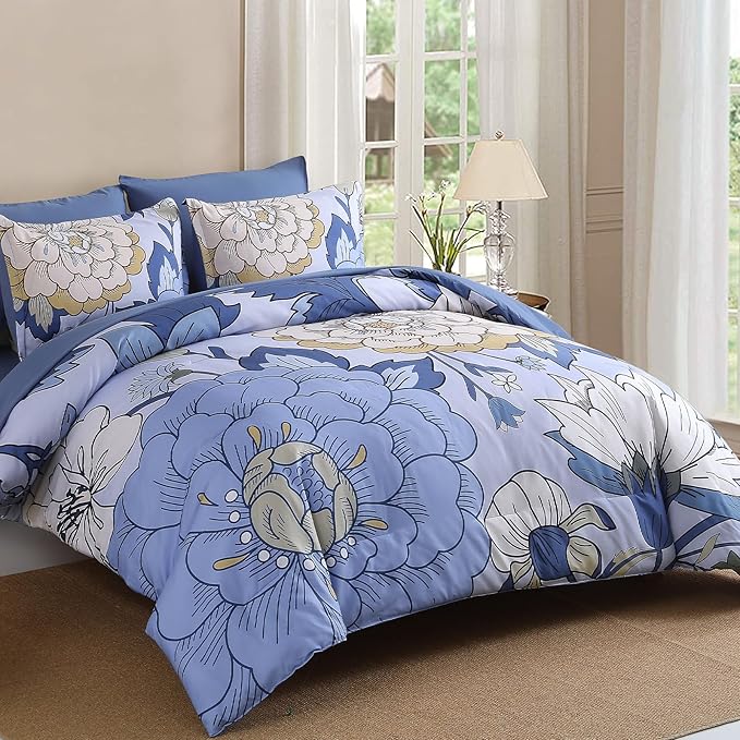 DJY 7 Pieces Blue Floral Comforter Set Queen Size Botanical Bed in a Bag, Soft Microfiber Boho Farmhouse Bedding Floral Comforter with Sheets Set for All Season (104''x90'')