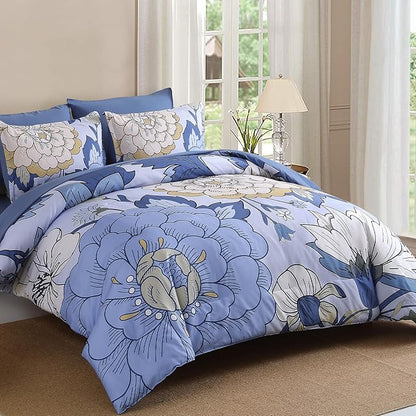 DJY 7 Pieces Blue Floral Comforter Set Queen Size Botanical Bed in a Bag, Soft Microfiber Boho Farmhouse Bedding Floral Comforter with Sheets Set for All Season (104''x90'')