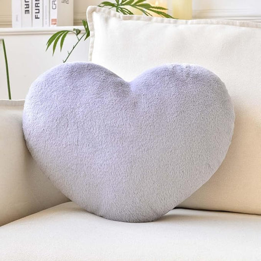 Grey Heart Pillows, Cute Heart Decorative Pillow, Heart Shaped Throw Pillows for Bed, Faux Rabbit Fur Plush Hoom Decor Pillow Cushion for Chair Sofa Living Room (Large-19.6"x15.7")