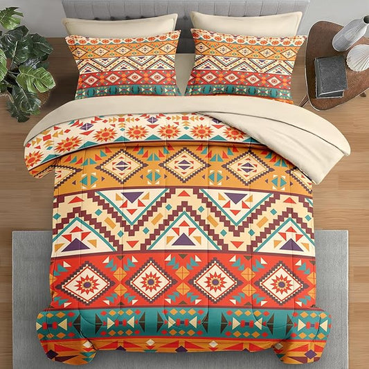 Comforter Set Queen Size, Colorful Tribal Mexico 7 Pcs Bedding for Kids and Adults, Mexican Aztec Sun Bed Sheet Sets with Fitted Sheet 2 Pillowcases & 2 Shams for Bedroom Bed Decor