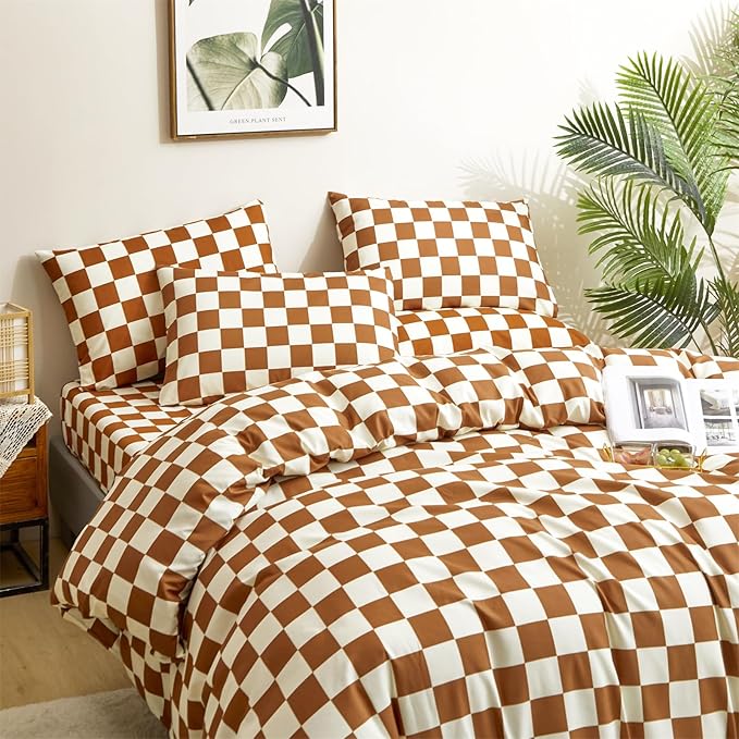 CLOTHKNOW Brown Plaid Full Size Comforter Sets Grid Bedding Comforter Sets Soft Checker Comforter with 2 x Pillow Cases Soft Lightweight