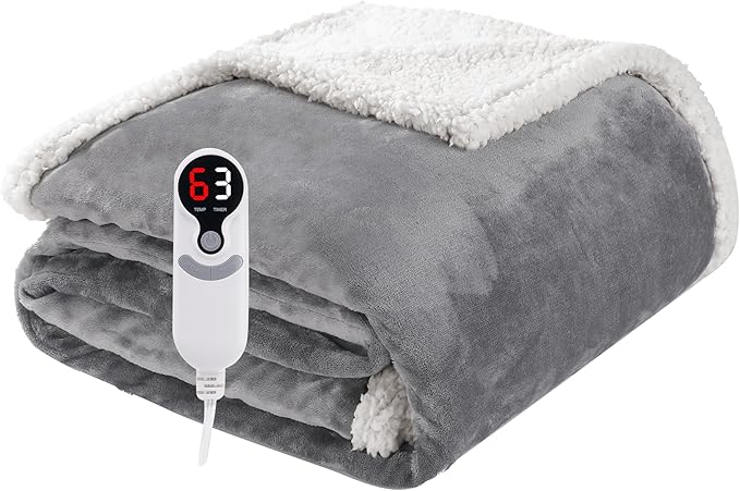 Electric Heated Blanket Throw Size 50"x60", Soft Flannel with Overheat Protection, 9 Adjustable Heat Settings & 10-Hour Auto-Off Timer, Fast Heating for Winter Comfort, Light Grey