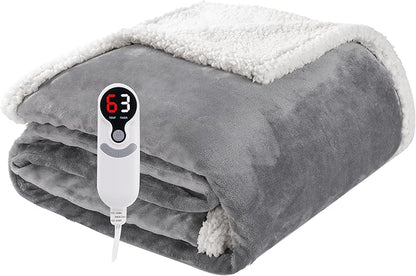 Electric Heated Blanket Throw Size 50"x60", Soft Flannel with Overheat Protection, 9 Adjustable Heat Settings & 10-Hour Auto-Off Timer, Fast Heating for Winter Comfort, Light Grey