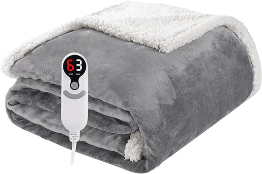 Electric Heated Blanket Throw Size 50"x60", Soft Flannel with Overheat Protection, 9 Adjustable Heat Settings & 10-Hour Auto-Off Timer, Fast Heating for Winter Comfort, Light Grey