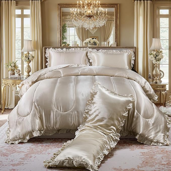 Satin Queen Comforter Set Silk Like Satin Bedding Set Hotel Soft Polyester Beige Bed Set Luxury Silky Pillow Cover with Quilt Set Ruffle Down Comforter Home Decor