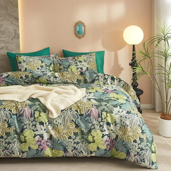 mixinni Green Leaves King Size Comforter Set, Soft Fluffy Botanical Floral Bedding Set for Women and Men, 1 Soft Microfiber Comforter and 2 Pillowcases for All Season-King Size
