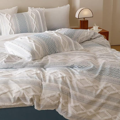 Houseri Tufted Blue Comforter Set Queen Jacquard Bedding Shabby Chic Farmhouse Bed Sets Queen