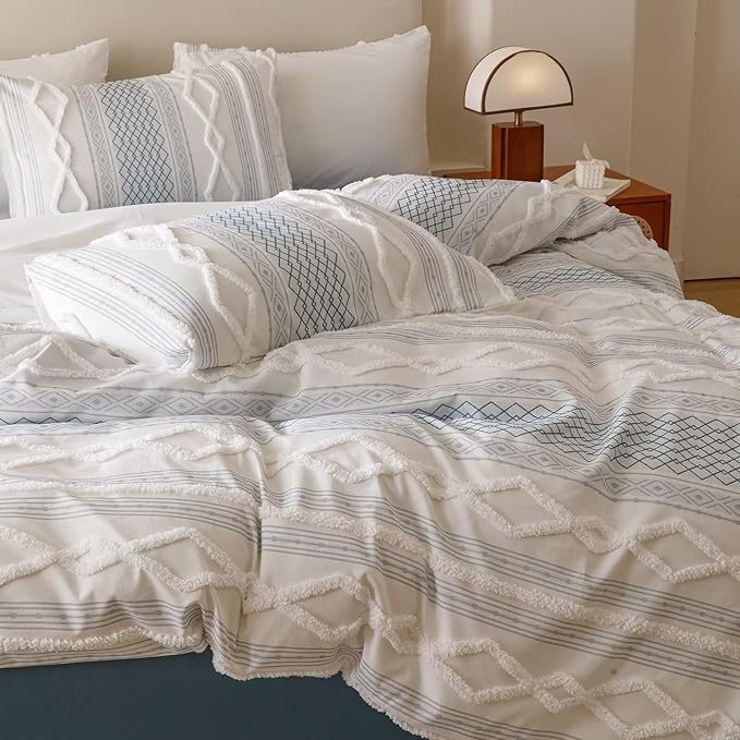Houseri Tufted Blue Comforter Set California King Jacquard Bedding Shabby Chic Farmhouse Bed Sets Cal King