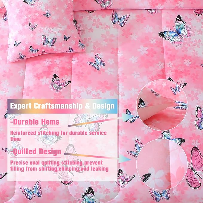 JQinHome 6 Piece Butterfly Comforter Set Twin, 3D Pink Flower Printed Bedding Set, All Season Microfiber Butterfly Theme Home Decor Bedding for Girls with Sheet Sets (Pink)