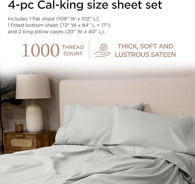 Threadmill Supima Cotton Sheets, 1000 Thread Count Soft 100% Cotton Sheets for Cal King Size Bed, 4 Pc Light Grey Cal King Bed Sheet Set, 5-Star Hotel Quality, Elasticized Deep Pocket Cal King Sheet