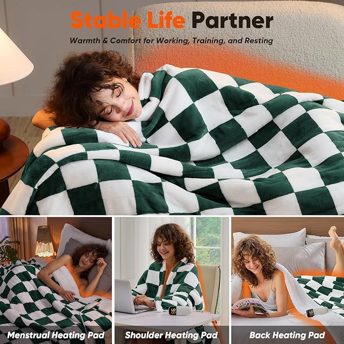 Heated Electric Blanket Throw, 50X60 Heating Blanket with 10 Heat Level & 8 Hours Auto Off for Lap, Dark Green Checkered Plaid Soft Sherpa Blankets Warmer Gifts for Couch Grandma Women Adults