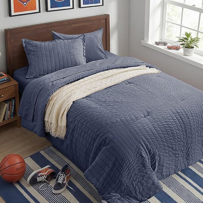 Zzlpp Twin Bedding Set 5 Pieces, Greyish Blue Seersucker, All Season Comforter Set with 1 Comforter, 1 Pillow Sham, 1 Pillowcase, 1 Flat Sheet, 1 Fitted Sheet