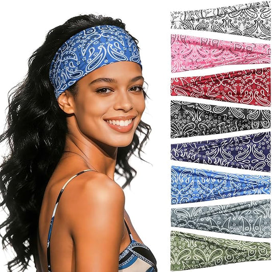 Headbands for Women, 8 Pack Non-Slip Moisture Wicking Sports Wide Head Bands, Stretchy Elastic Fabric, Multiple Colors Securing Hair for Fashion, Sports, Yoga, Running, Daily Life