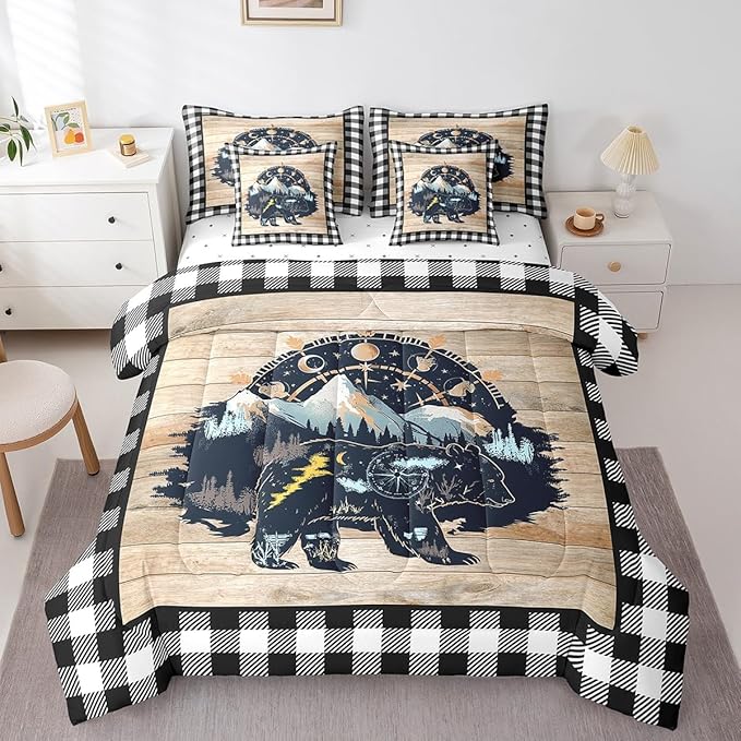 Erosebridal Twin Hunting Bears Bed Set 7Pcs: Rustic Farmhouse Decor (1 Comforter, 2 Sheets, 4 Pillowcases, 2 Throws)