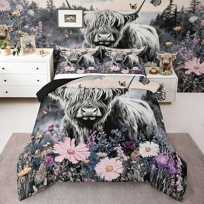 Erosebridal Highland Cow Flower Comforter Set King Size Bull Cattle Bedding Set Western Funny Animal Duvet Stuffing Wildlife Farmhouse Cow Bed Quilt Mountain with Firforest Bedroom Decor