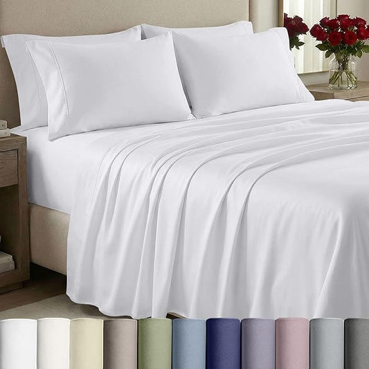 California Design Den King Size Sheets Set - 1000 Thread Count Sateen, Thick and Natural 100% Cotton King Bed Sheets, Deep Pockets, Durable Bedding Set - White