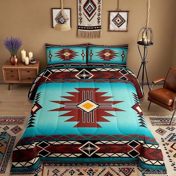 Southwest Comforter Set Queen Size,Geometric Aztec Tribal Striped Print Quilt Set Rustic Western Bedding Set for Kids Girls Woman Men Room Decor,Adult Retro Turquoise Red Duvet Insert 3Pcs