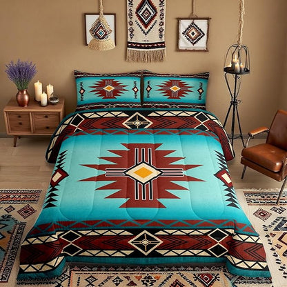 Southwest Comforter Set King Size,Geometric Aztec Tribal Striped Print Bedding Set Rustic Western Quilt Set for Kids Girls Woman Men Room Decor,Adult Retro Turquoise Red Duvet Insert 3Pcs