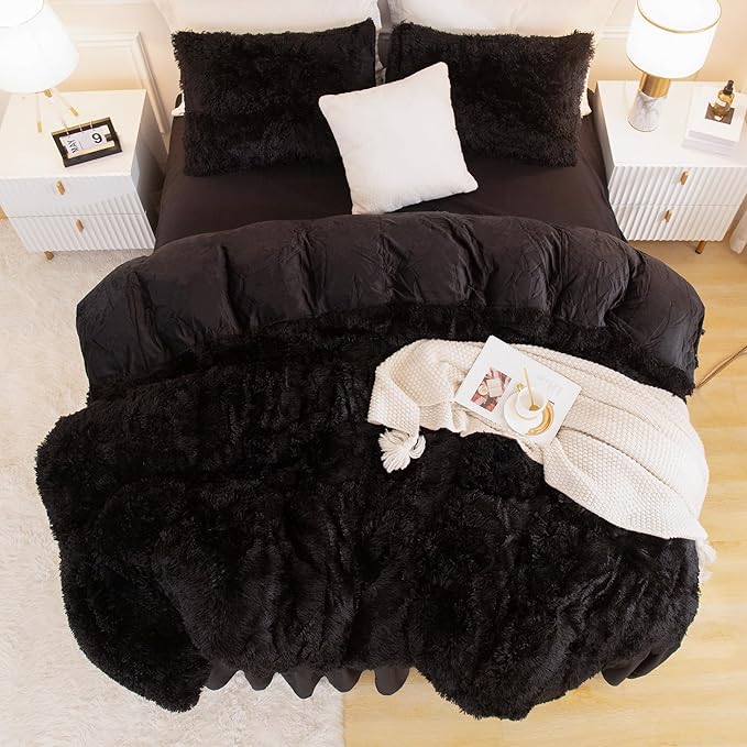 Andency Comforter Full Size Set Black, Fluffy Winter Faux Fur Warm Soft Plush Bedding Comforter Set (1 Velvet Comforter & 2 Pillowcases), Fuzzy Thick Heavy Puffy Comforters Bed Set